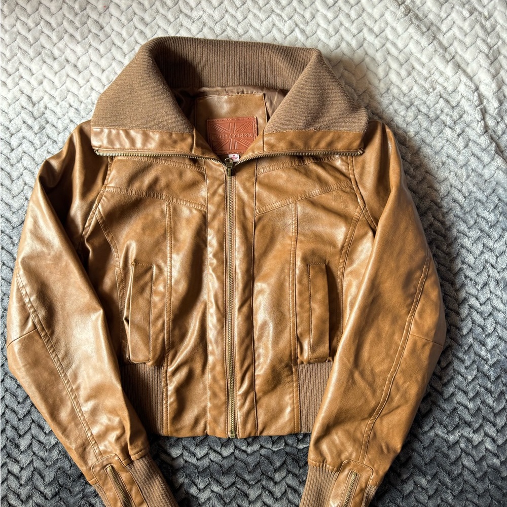 Miss London brown faux leather jacket semi crop